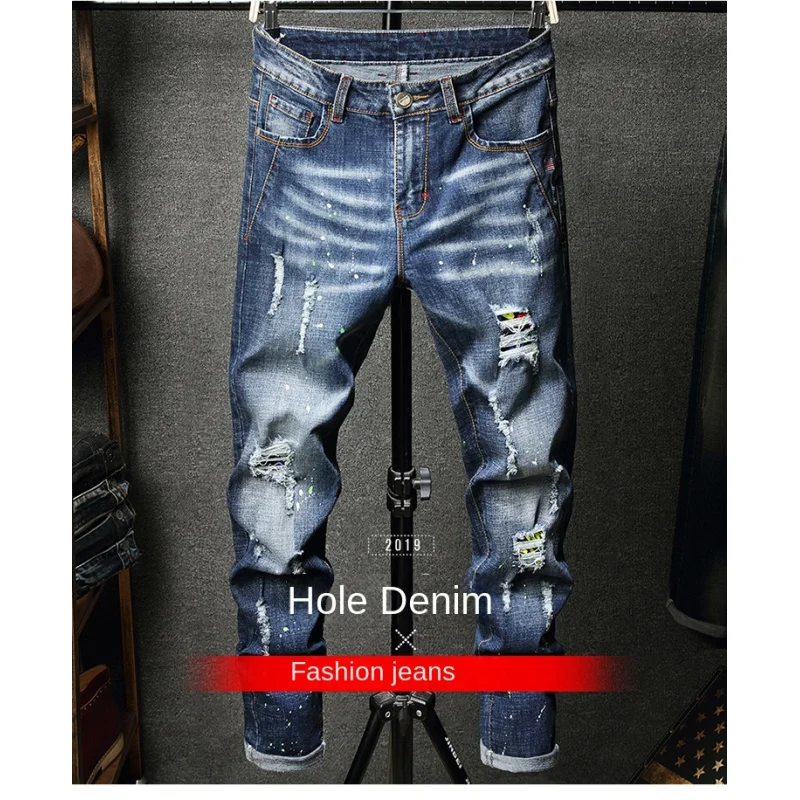 

2026 Джинсы с дырками и нашивками, мужские мотоциклетные брюки, модные тонкие повседневные универсальные узкие уличные рваные брюки