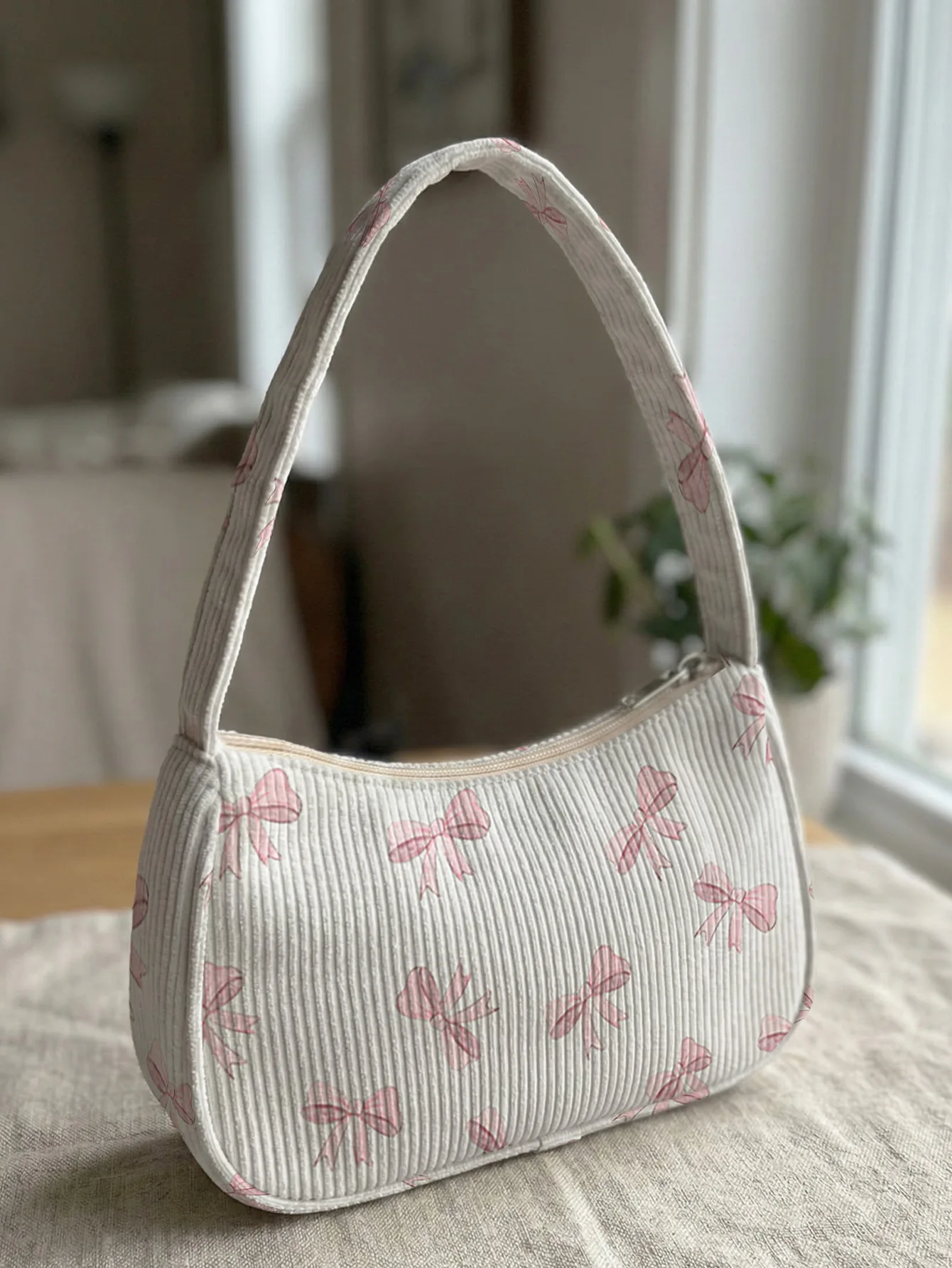 Trendy Pink Bow Print Shoulder Bag, Beige Corduroy Underarm Bag for Daily Casual Use