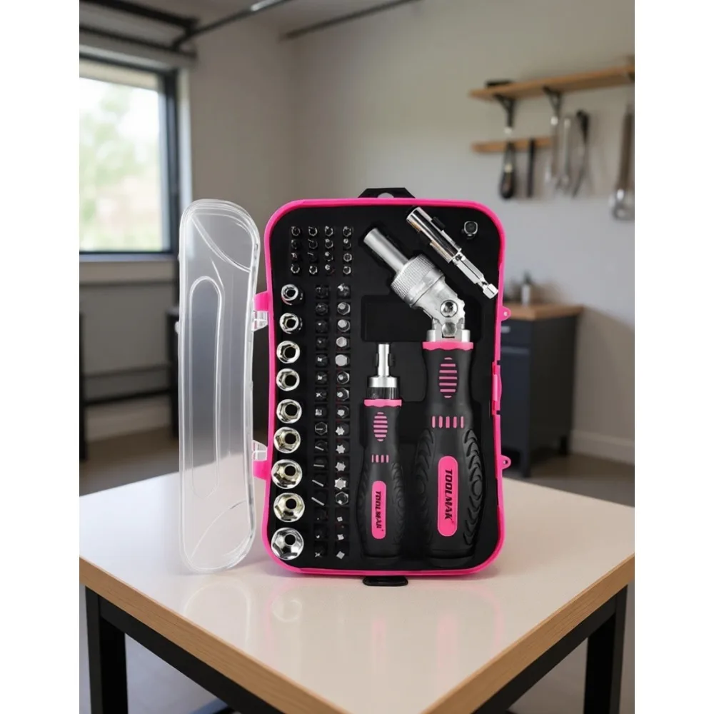 

Розовый набор из 61 предмета: отвертки с трещоткой и торцевые ключи с поворотной рукояткой и кейсом для хранения, для ремонта дома и велосипедов