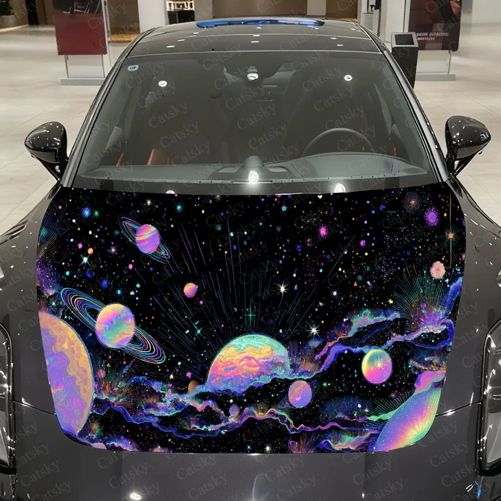 星空の夜の花柄カービニールラップ、pvc防水カーフードステッカー、自己粘着性傷防止ステッカー