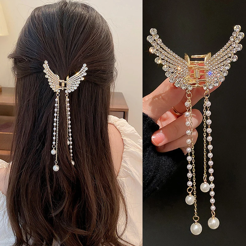 New Crystal Rhinestone Butterfly Pearl Tassel Hairpin Korean Simple Side Clip Liu Hai Clip Shark Hairpin Hair Accessories Women