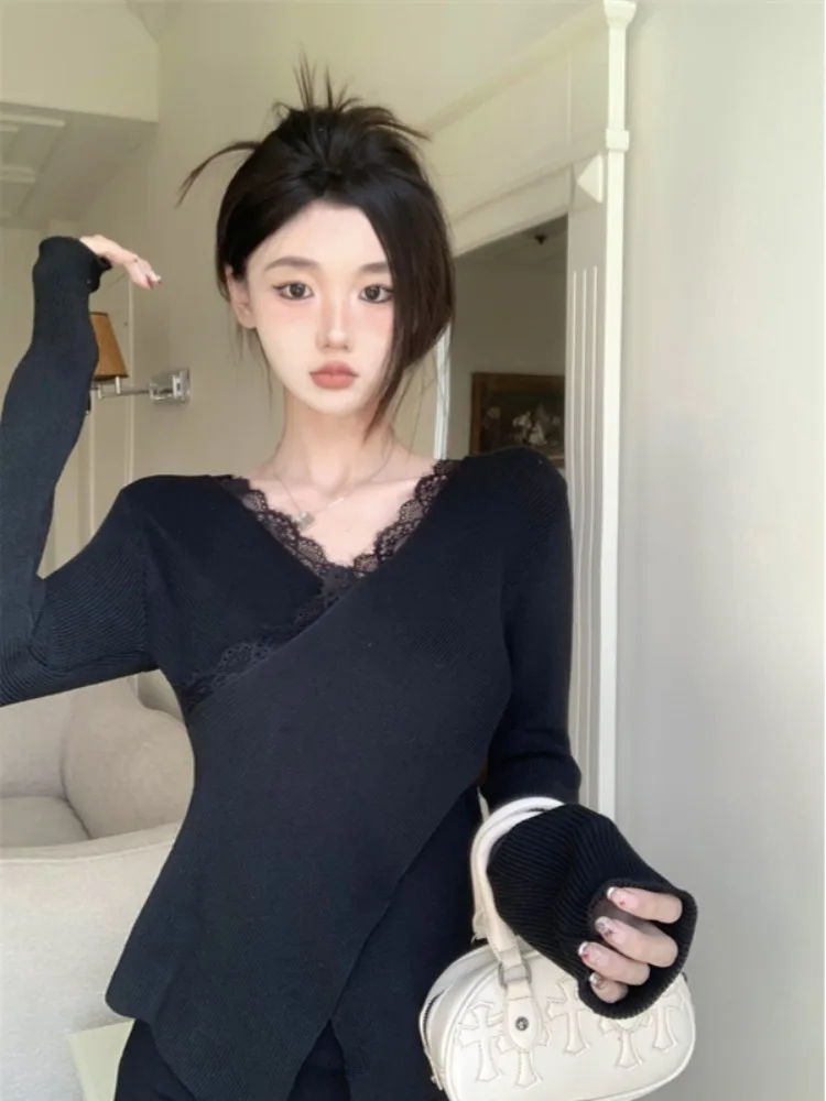 

Women's Lace Trimmed Cross Waist Knitwear Tight Fit Asymmetrical Base Shirt Korean Style Commute V-neck Long Sleeve Top