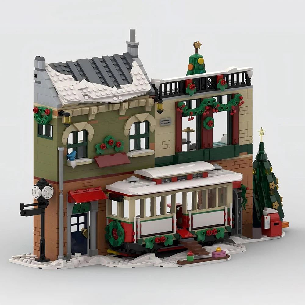 MOC New City Street View Tram Coffee Shop DIY Medieval Christmas Building Model Building Blocks Children's Toys New Year Gift