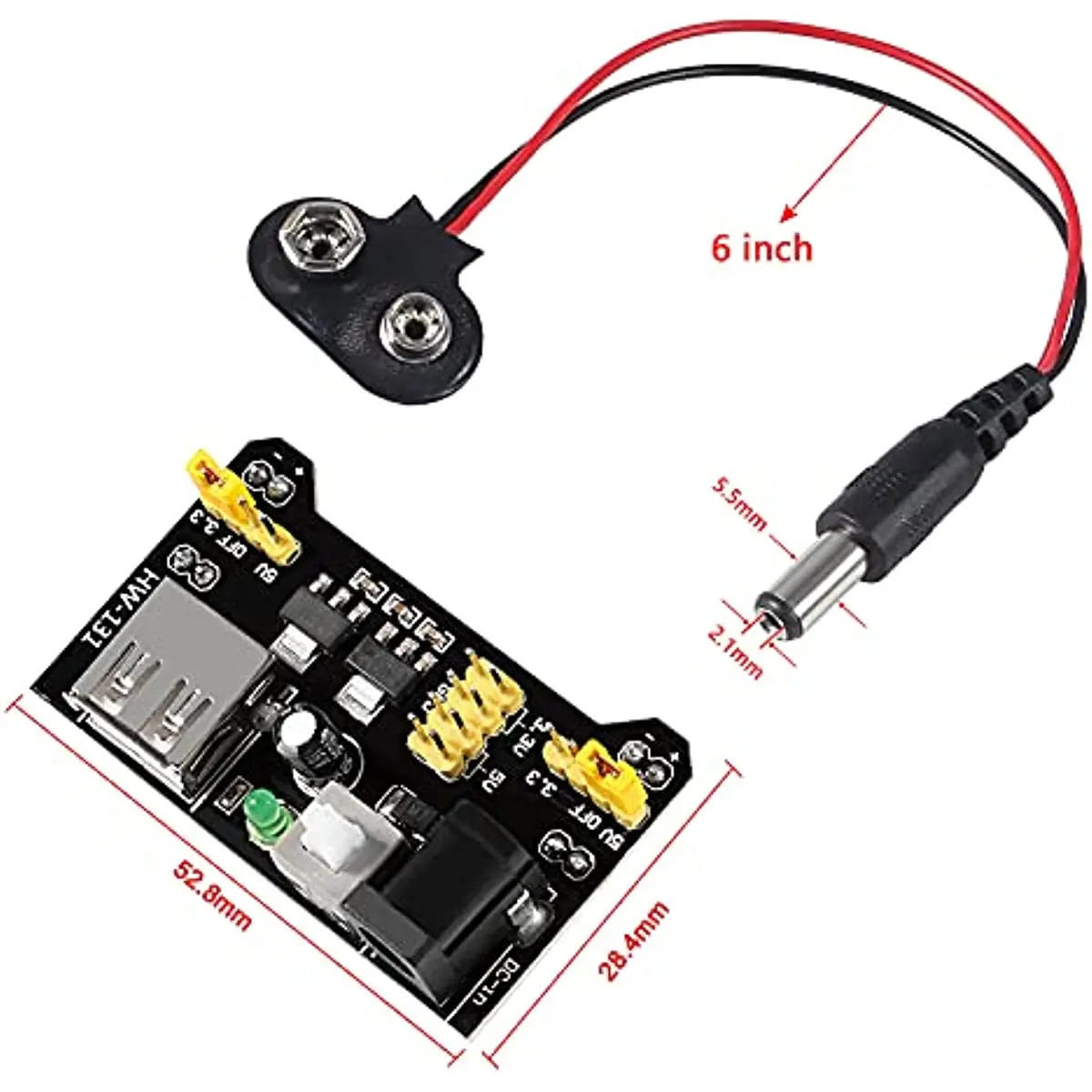 4 pces mb102 placa de pão módulo de alimentação dc 6.5-12v usb com 9v bateria clipe cabo de alimentação 2.1x5.5mm macho dc plug para arduino