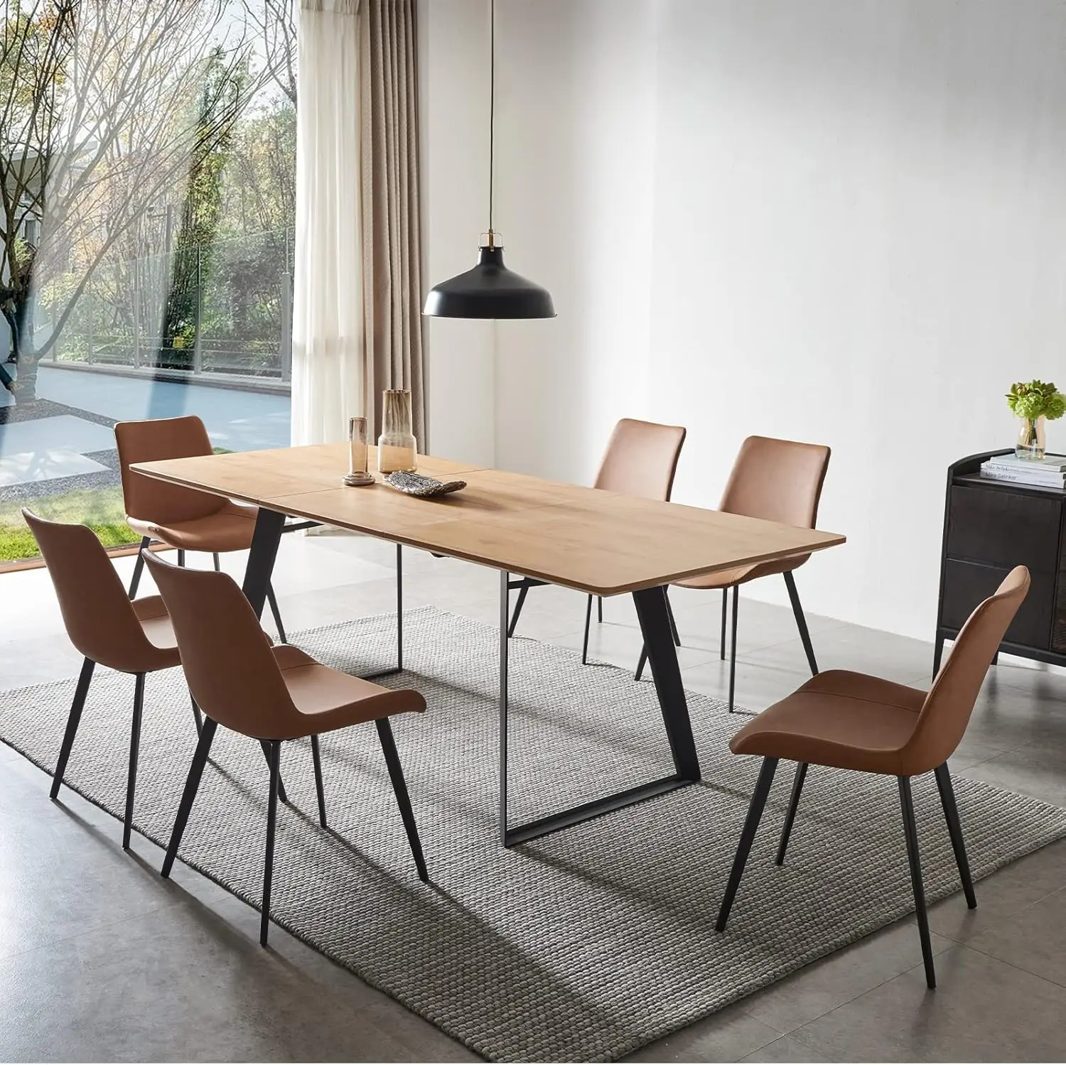 Moderne eettafel uit het midden van de eeuw Eettafel en stoelen Rechthoekige houten eettafel uitbreidbaar