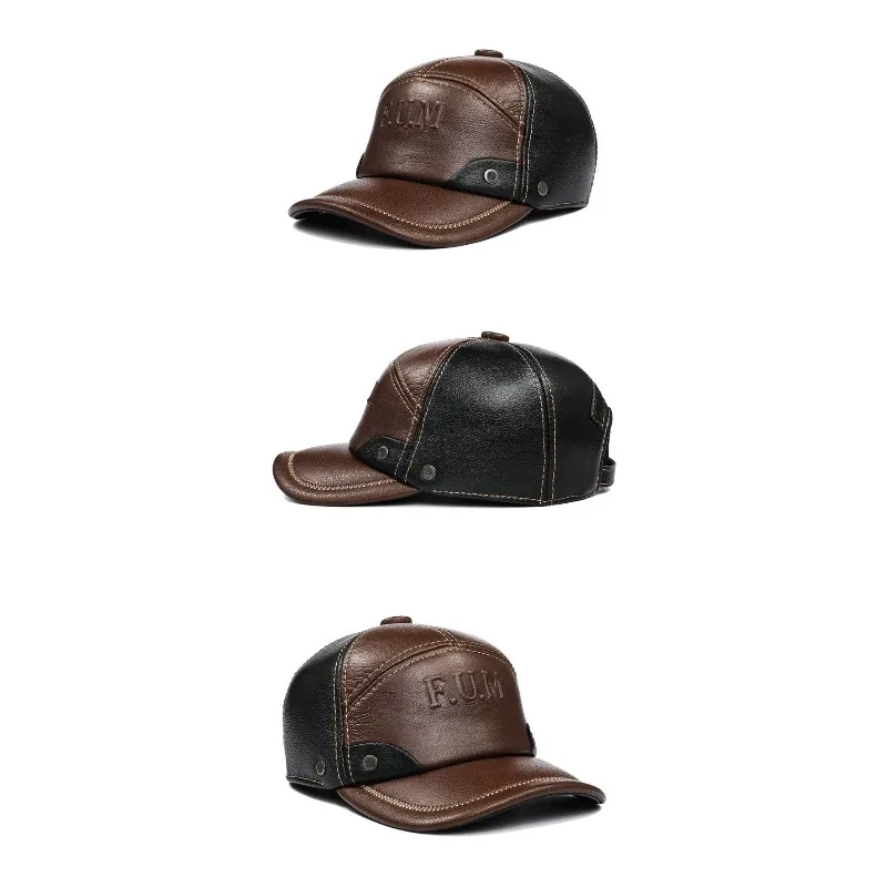 

Men's genuine leather hat, high-quality cowhide adjustable cap winter forward hat, middle-aged and elderly ear protection winter