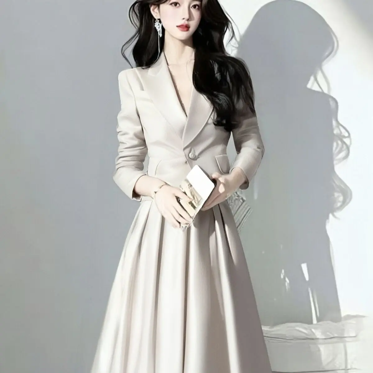 새로운 고품질 패션 정장 여성 봄 긴 소매 블레이저 자켓 + a 라인 미디 스커트 우아한 사무실 레이디 두 Pice 세트 복장