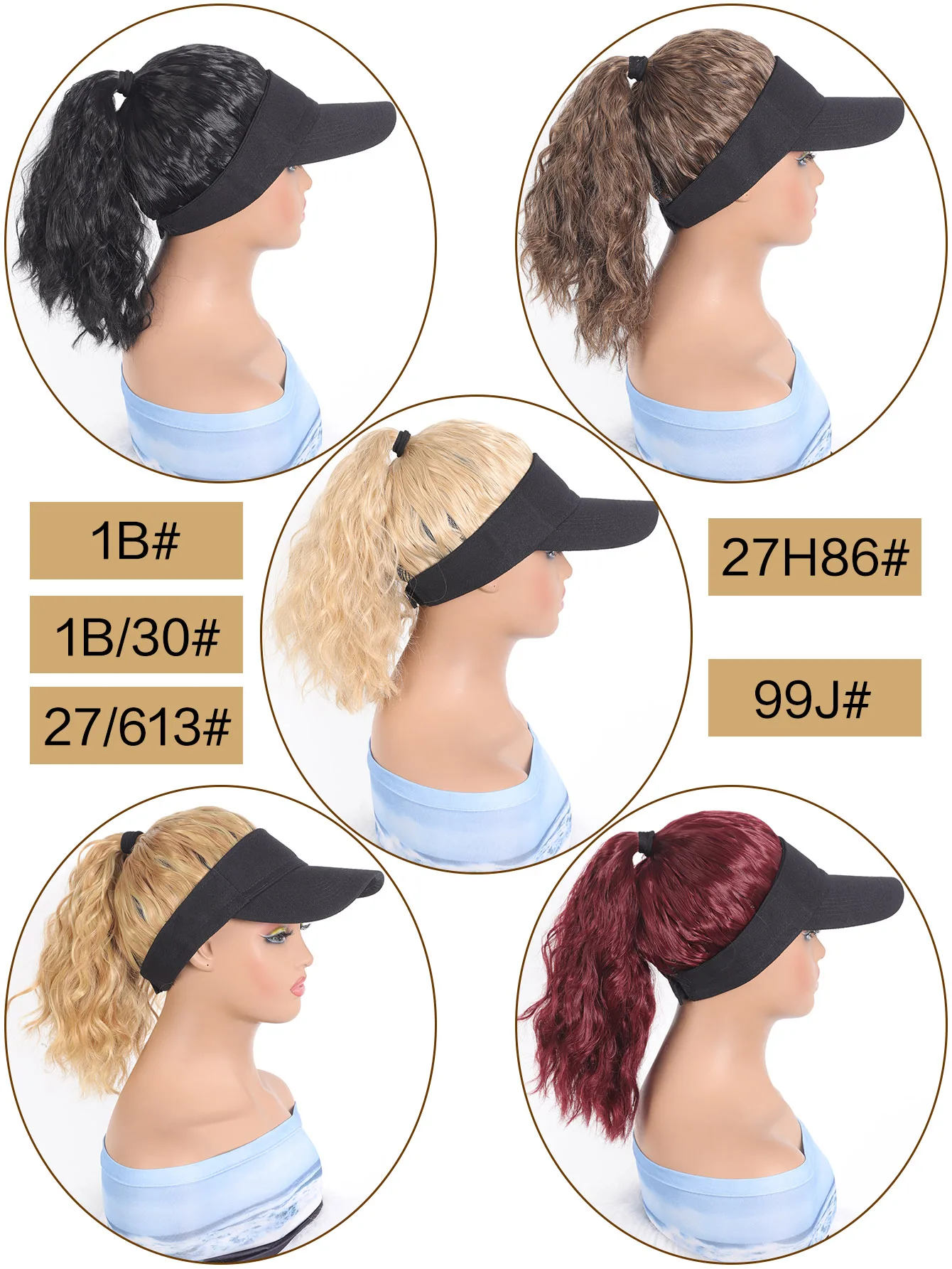 Synthetic Natural Curly Hair Ponytail Extension Wig Travel Beach Shade Black Baseball Cap All-in-one Easy to Wear Hat Wig