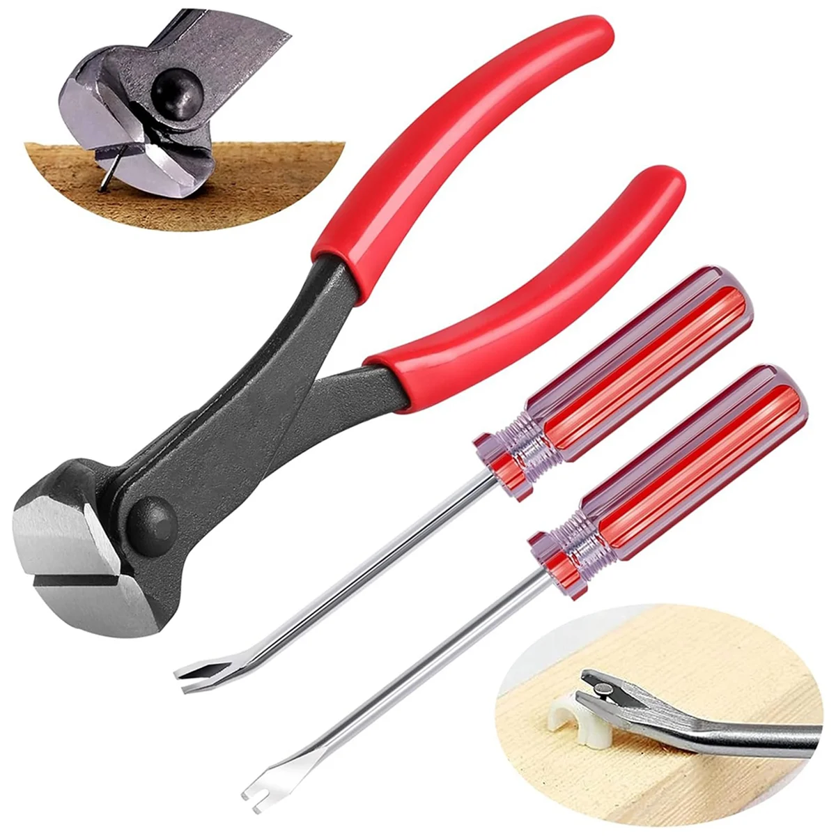 

A002 3Pcs Upholstery and Construction Staple Remover Set 7in End Cutting Pliers, 8in Angled and Straight V Tip Nail Puller