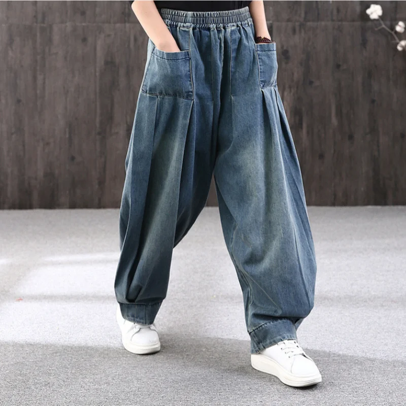 Women Casual Loose Long Pants Denim Bloomers Elastic Waist With Pockets Streetwear Vintage Baggy Jeans Harem Pants M-3XL C289