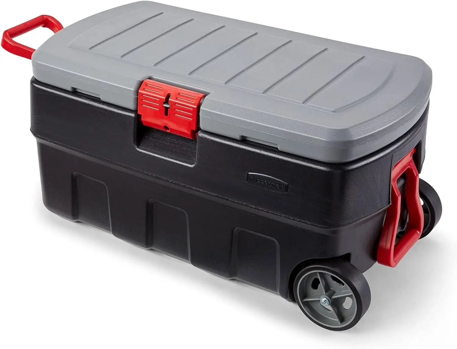 35 Gallon, Lockable Plastic Storage Bin with Lid and Wheels- Outdoor, Industrial, Rugged, Camping Gear and Truck Bed Storage