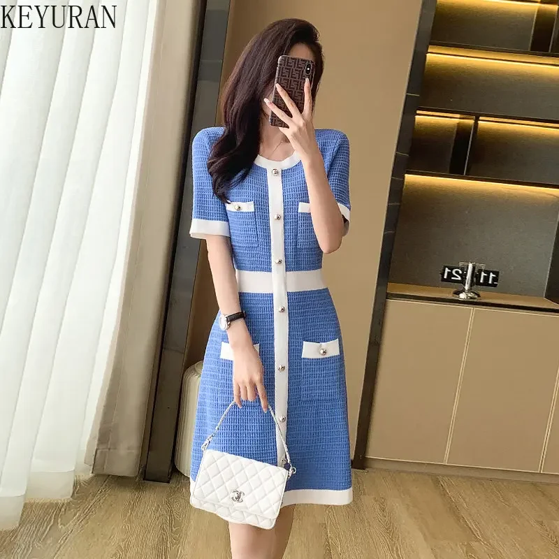 2024 summer knitted Dress Women New Sexy Elegant Vestidos nero/blu manica corta moda coreana abiti da lavoro a maglia abbigliamento donna