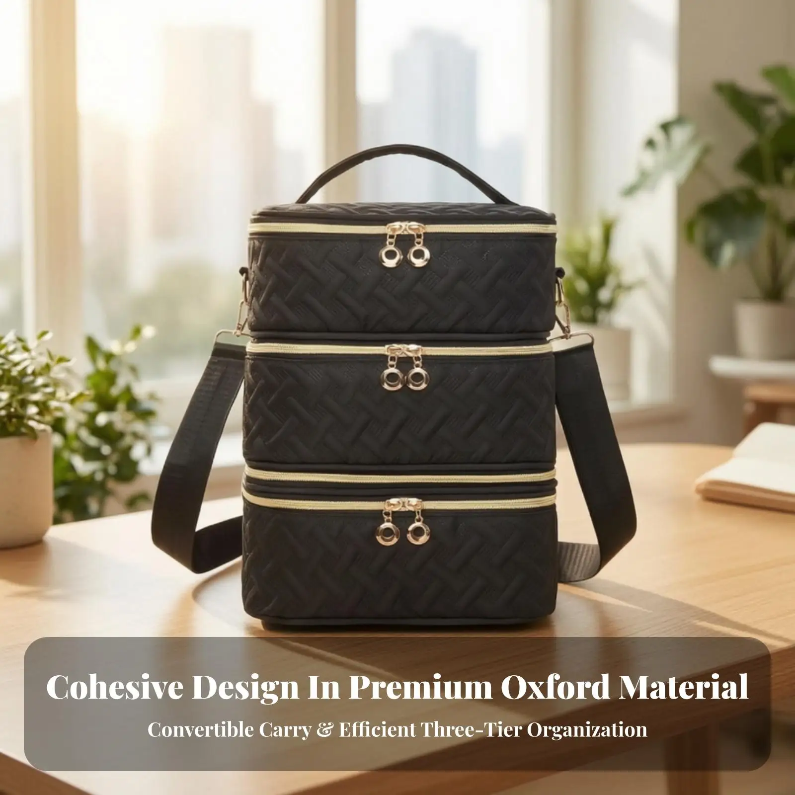 Black Nail Polish Organizer Bag with Detachable Strap Multi Layer Storage Case for Home Travel Use
