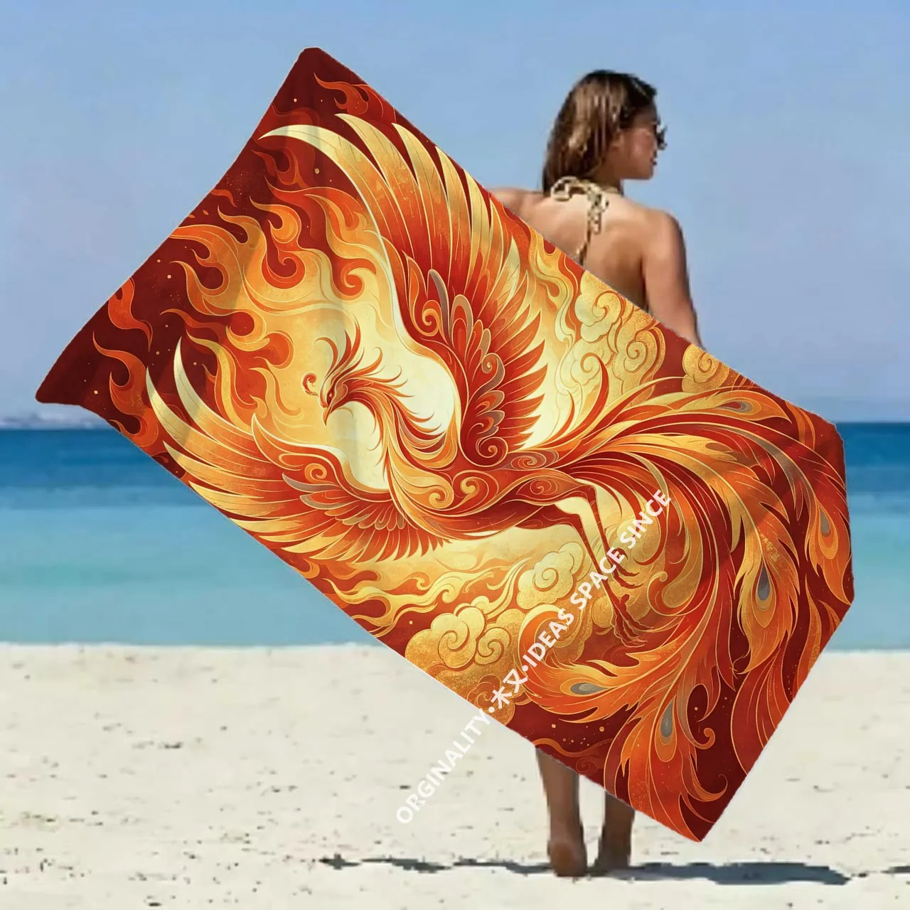 Golden Fire Phoenix Beach Towel Patterned Sunscreen And Windproof Suitable For Swimming Pool Camping Travel