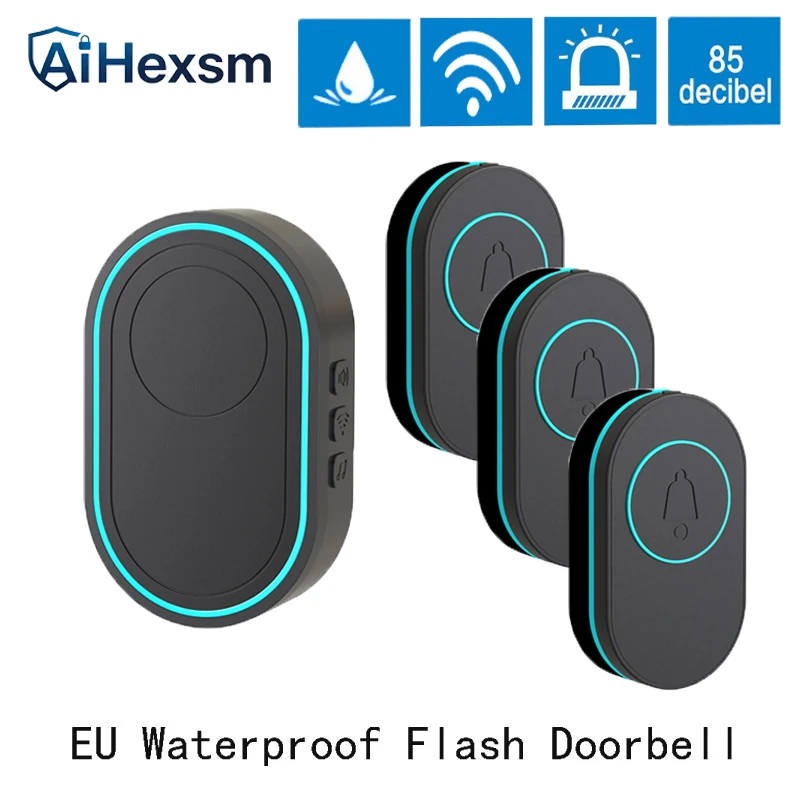 EU Plug Wireless Doorbell 433MHz Waterproof Button Adjustable Volume 39 Melodies Ringtones Black Color Indicator light remind