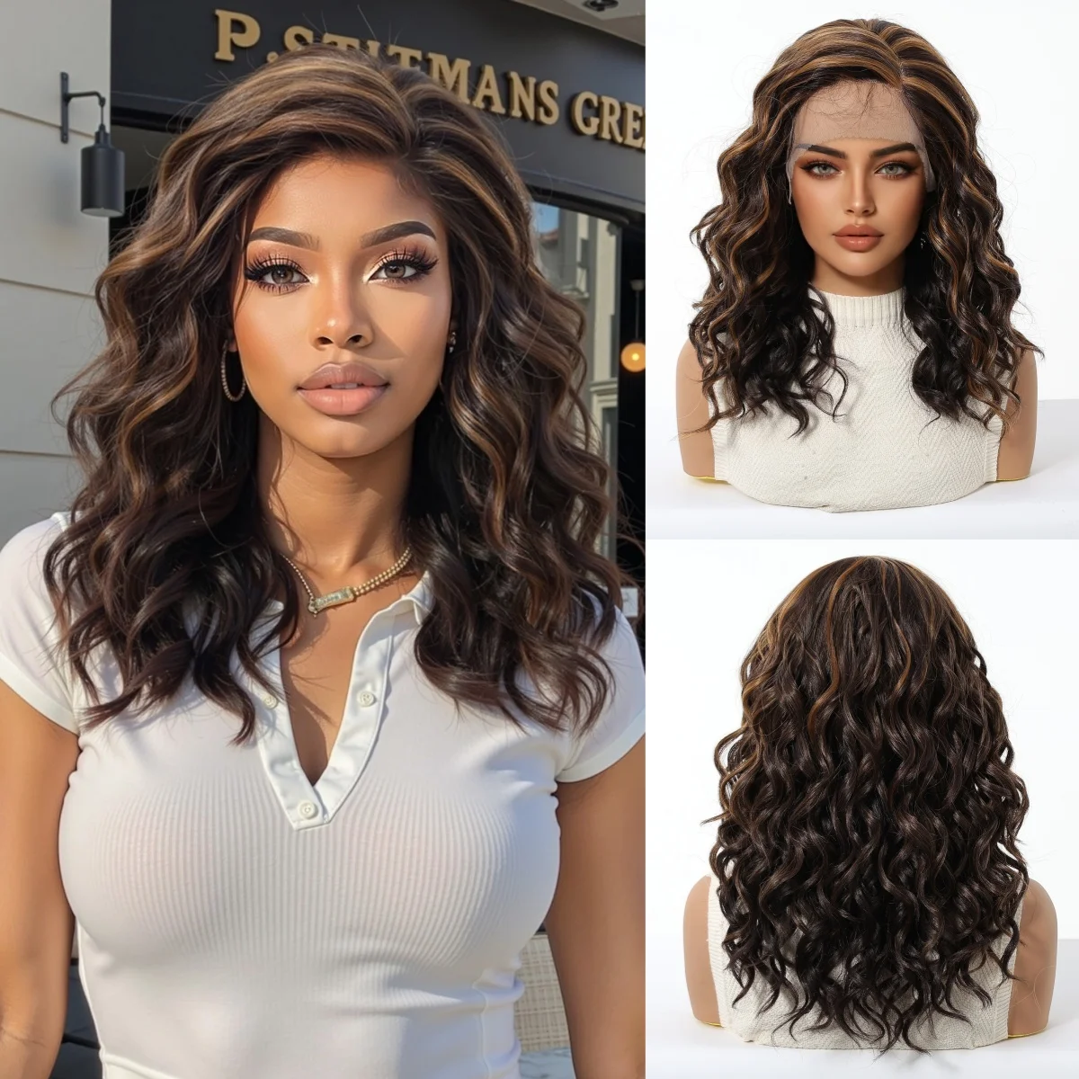 HENRY MARGU 13*5 Lace Front Wig Brown Highlight Curly Synthetic Hair Wigs for Women Daily Short Wavy Fake Hair Lace Frontal Wig