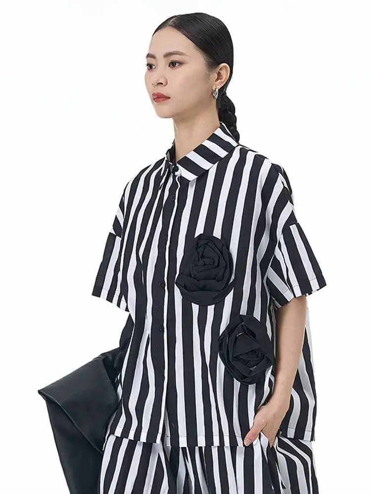 Mulheres preto listrado flor 3d tamanho grande blusa casual nova lapela camisa de manga curta moda maré primavera verão