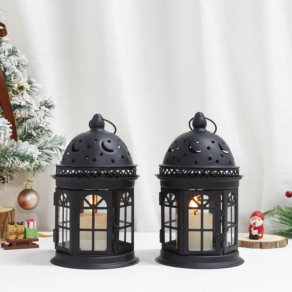 2Pcs Vintage Metal Candle Holder Lanterns Decorative Lanterns Hanging Star Moon Lantern for Indoor Outdoor Weddings Home Decor