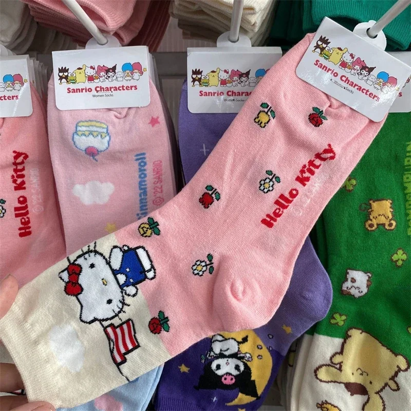 Sanrio Hello Kitty Socks Cartoon Anime Cute Kuromi My Melody Cinnamoroll Autumn and Winter Warm Socks Girl&Child Holiday Gifts