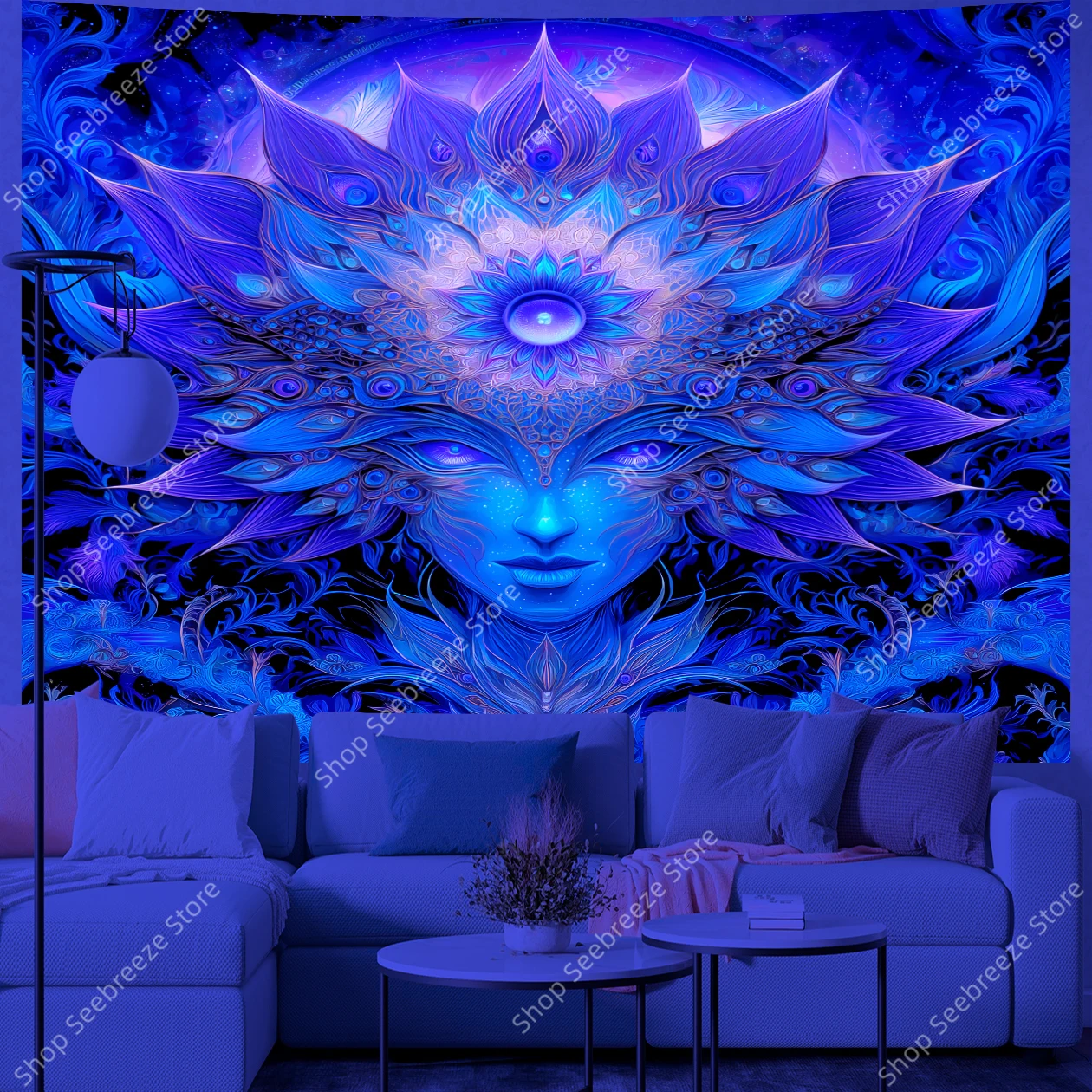Mystical Third Eye Goddess UV Tapestry with Cosmic Lotus Halo in Deep Blue Purple Gold for Meditation Room Decor Wall Hanging