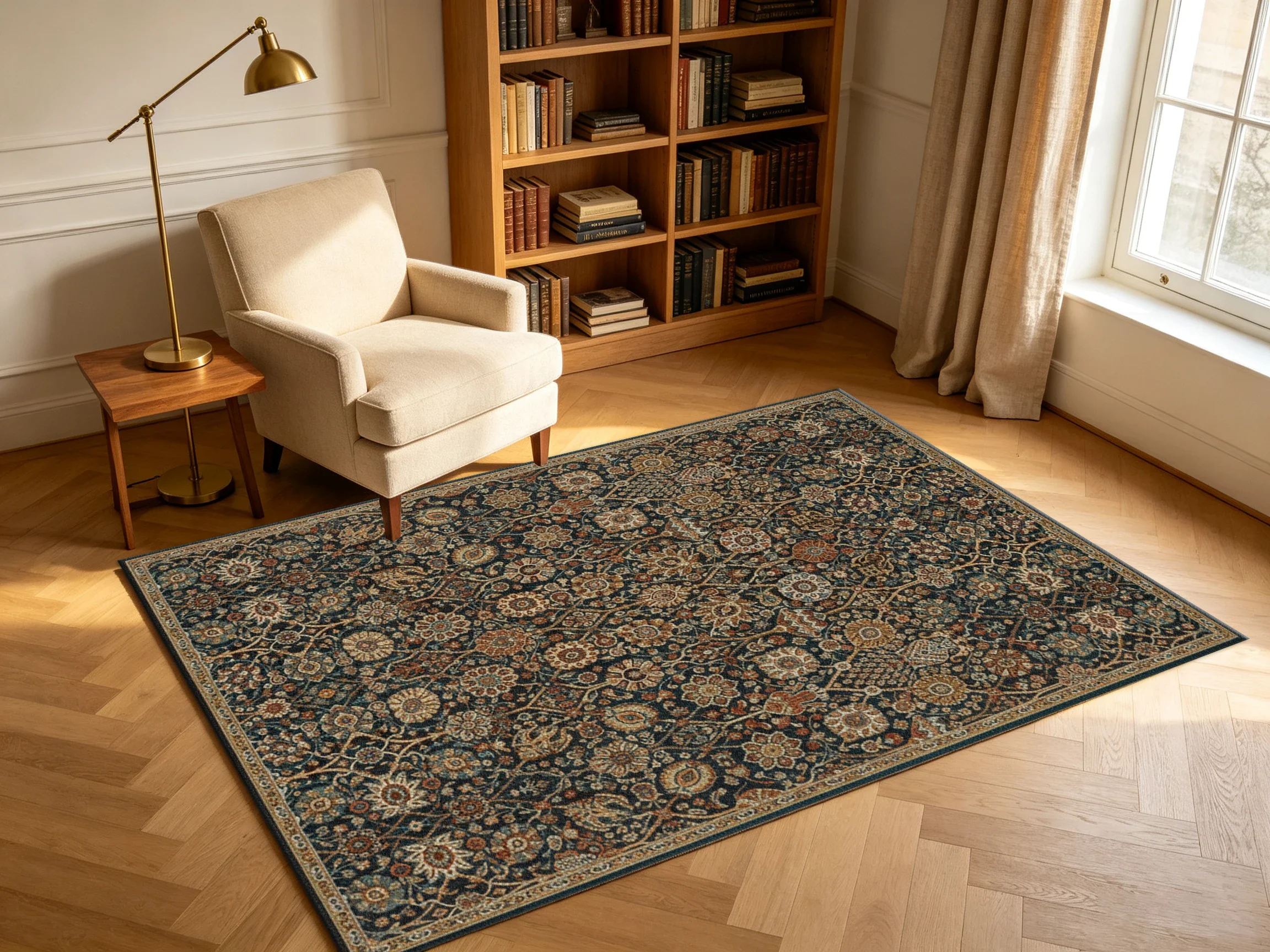 Vintage Persian Floral Carpet Flooring, Dark Green All over Botanical Pattern Area Rug for Living Room Office