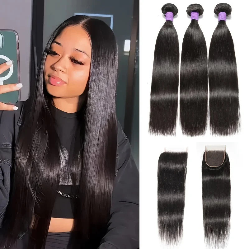 شعر برازيلي مستقيم مع إغلاق 5x5 100% شعر بشري 3 حزم مع إغلاق دانتيل 5x5 جزء مجاني أسود طبيعي