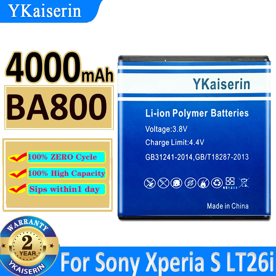 YKaiserin Battery BA800 BA 800 4000mAh Battery for Sony Ericsson Xperia S V SL LT26i LT25i Arc HD AB-0400 LT26 LT25c Bateria