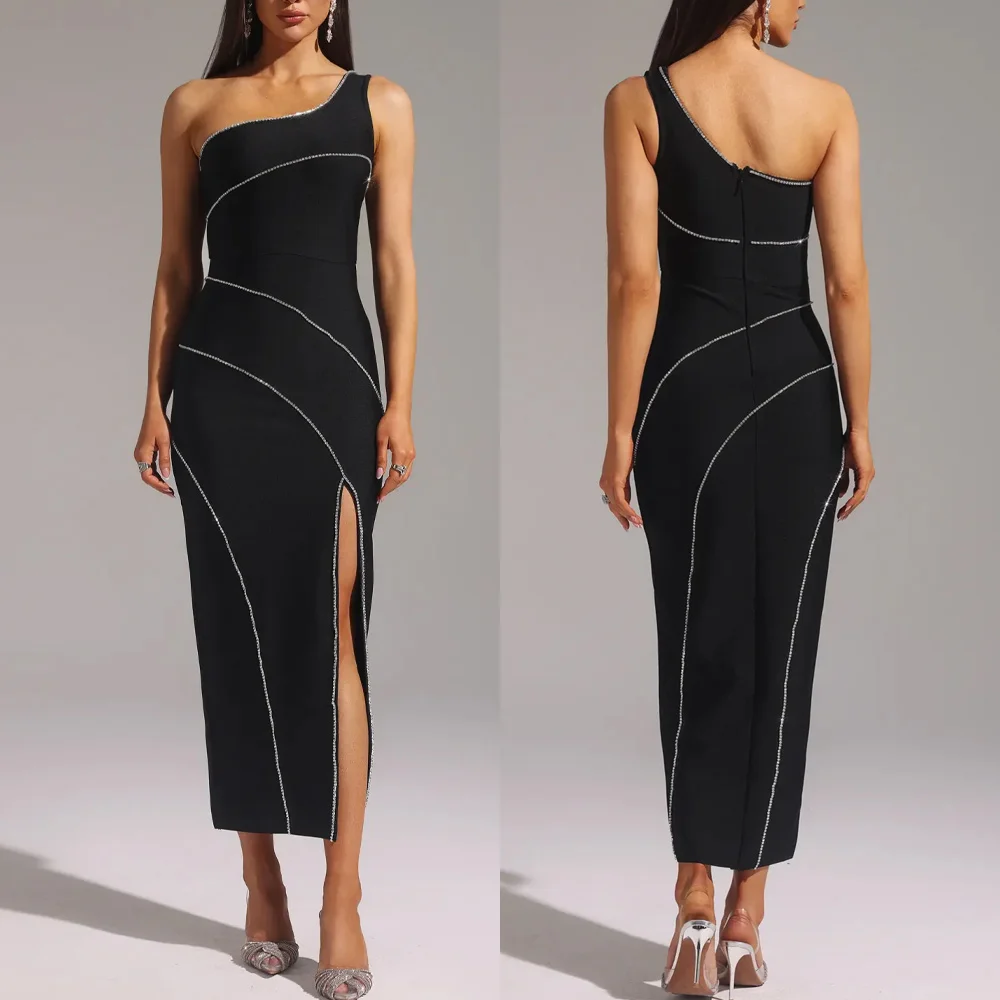 

Customized One Shoulder Bandage Midi Dress A-Line Evening Dresses Prom Gown Formal Simple High Quality Classic Party Gowns Women