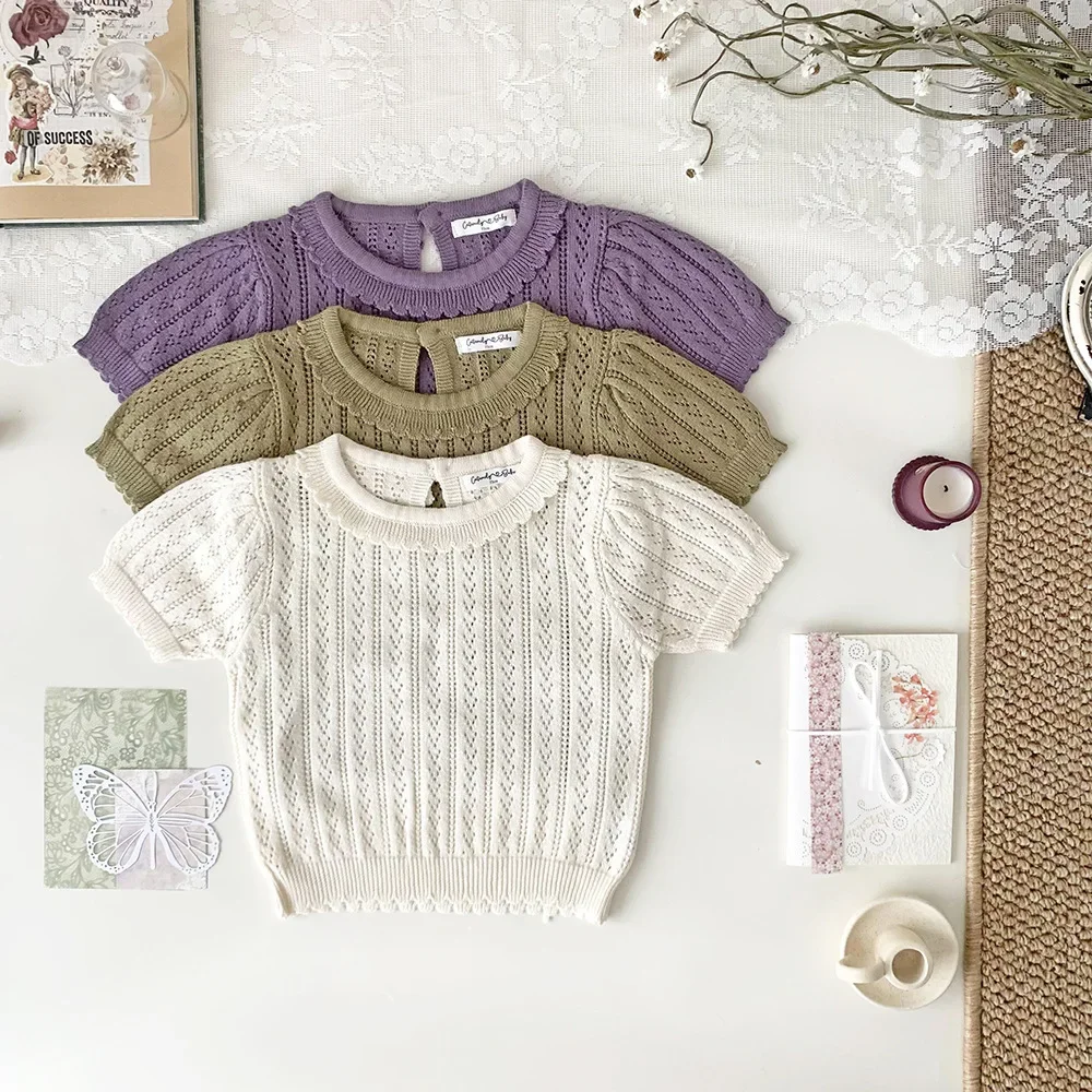 

deer jonmi 2024 New Summer Korean Style Toddlers Girls Knitted Shirts Short Sleeve Hollow Out Baby Kids Casual Thin Tops