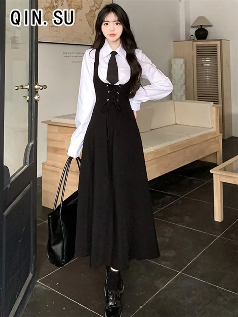 Sweet College Style Waist Cinched Mid Length Suspender Dress Women's Versatile Long Sleeved Shirt Two-piece Set