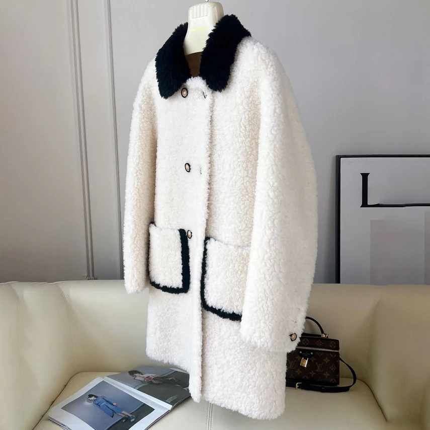 Kontrastfarbene Lammwolljacke für Damen, Mantel, Herbst und Winter 2026, neues Fell, einteilig, schlankmachend, warm, mittellang, dicke Pelzjacke