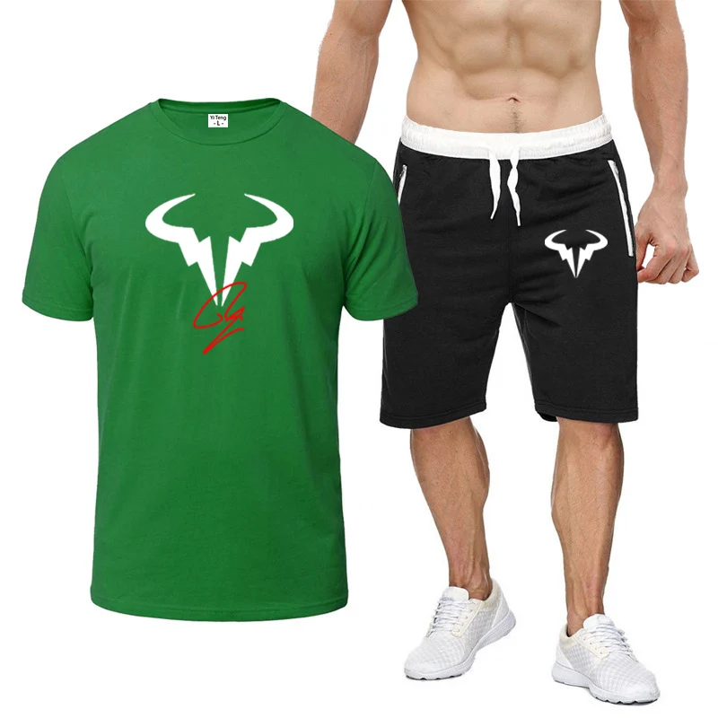 2024 Summer Mens Rafael Nadal Symbol Logo Print Leisure High-Quality Cotton T-Shirt+Trendy Sports Shorts Classic Solid Color Set