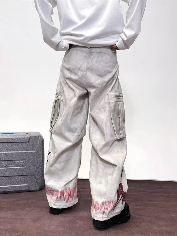 2026 Cyber Y2K Streetwear Dirty Washed White Baggy Cargo Jeans Pants For Men Clothing Wide Leg Straight Vintage Long Trousers