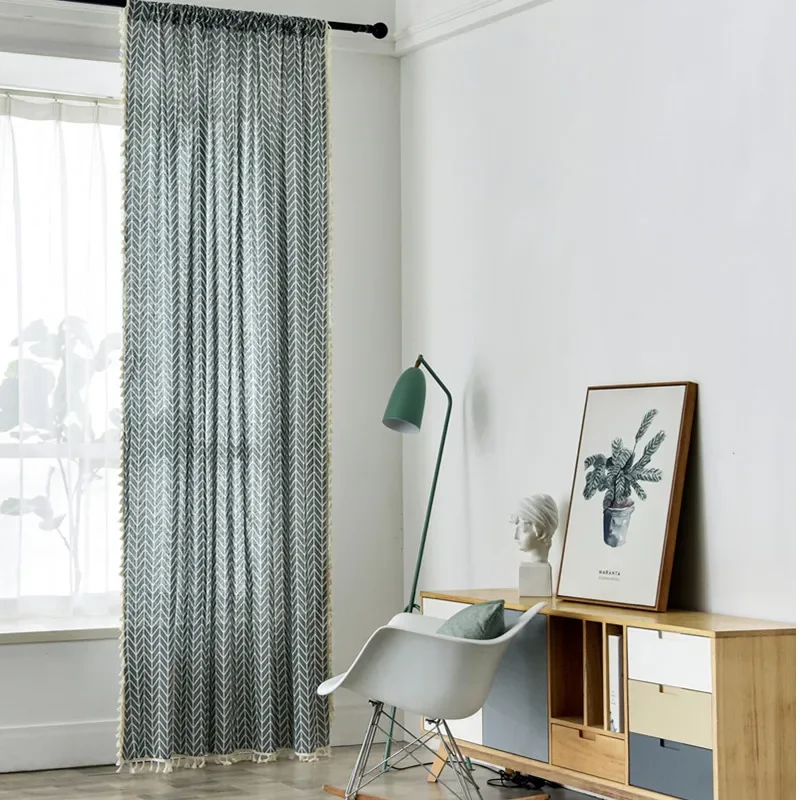 

PH2064 Gray and white geometric cotton and linen curtains American country tassel kitchen curtains half blackout curtains