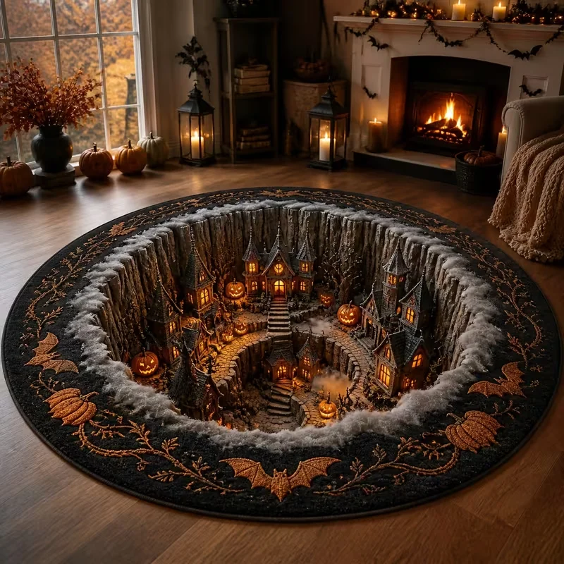 Round Halloween 3D Cave Effect Area Rug, Haunted Mansion Pumpkin Bat Foggy Town Print Indoor Decor Round Mat