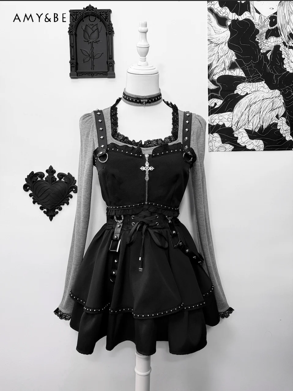 

Japanese Mine Series Skirt Sets Subculture Light Goth Rivet Lace Long Sleeve Slim Top High Waist Mini Skirt Two-piece Set Women