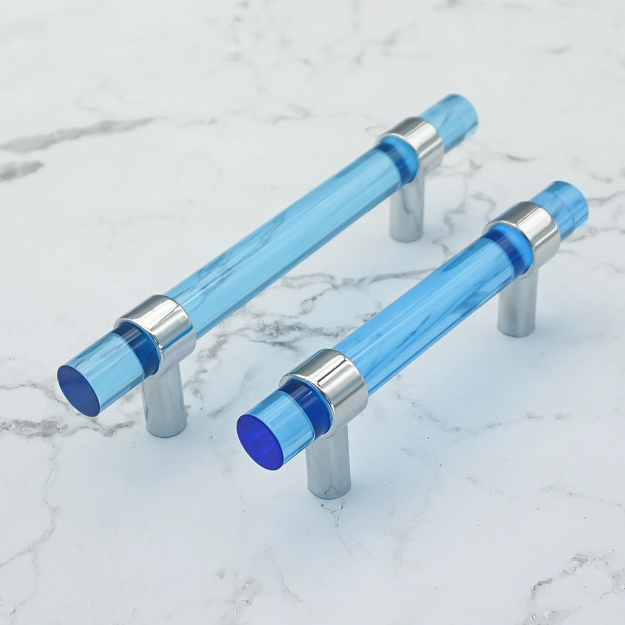 MFYS Blue Acrylic Kitchen Cabinet Handles Silver Cupboard Door T Bar Knobs Bedroom Wardrobe Pulls Simple Furniture Hardware
