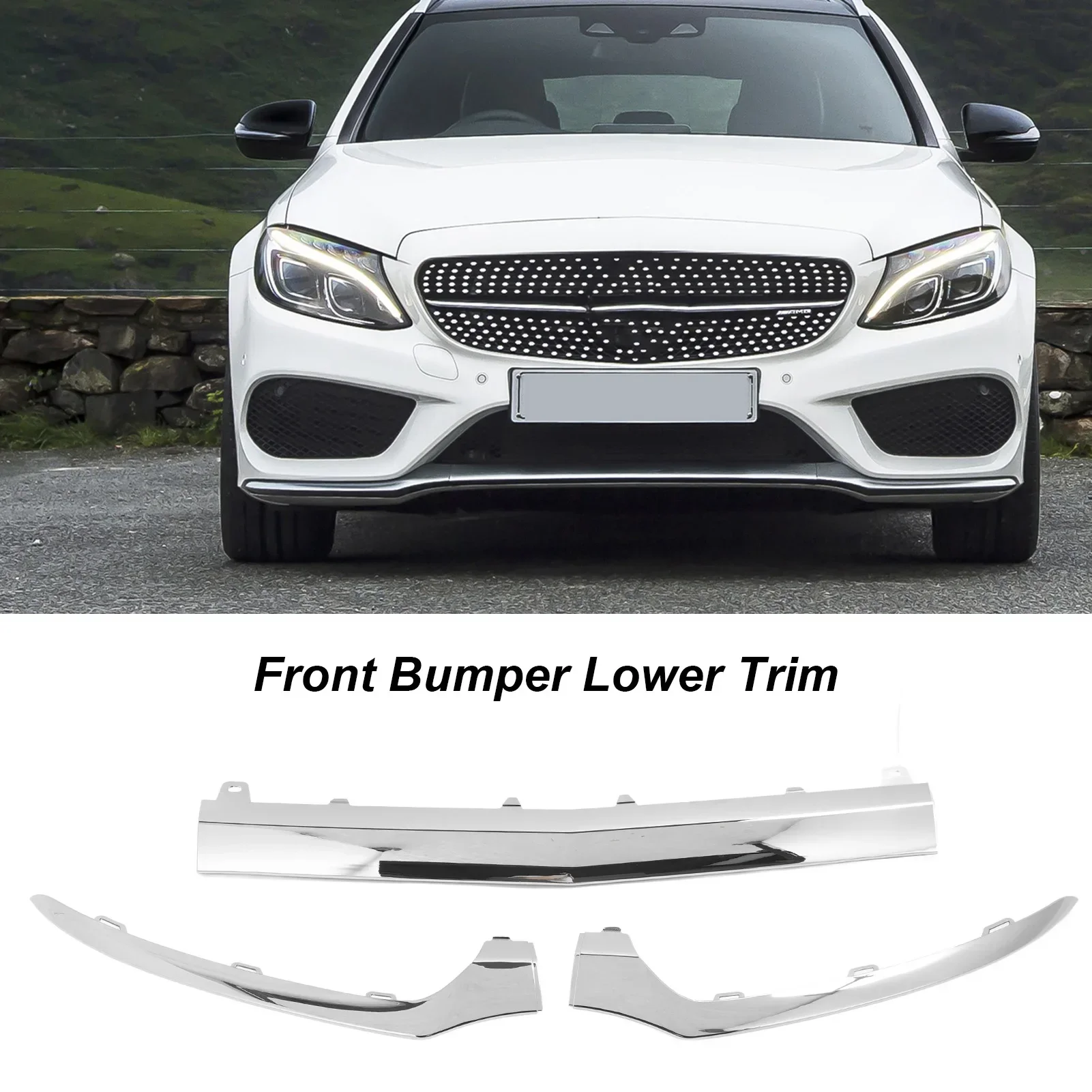 

3Pcs Front Bumper Lower Chrome Trim 2058851374 Replacement For Mercedes Benz C‑Class W205 C205 A205 S205 AMG C43