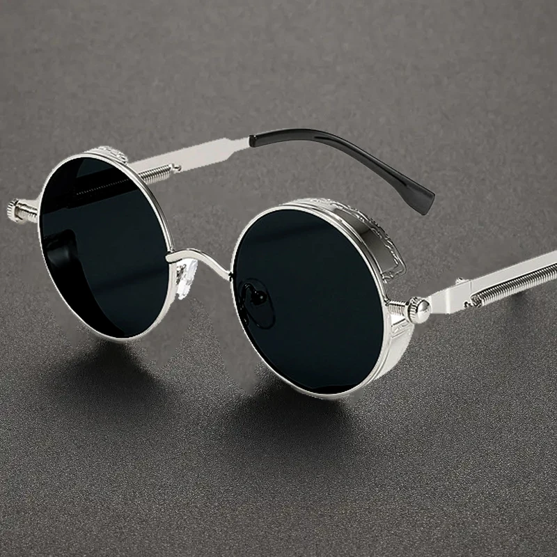 2025 New Hip-Hop Retro Sunglasses For Men Round Metal Punk Style With Spring Legs UV Protection