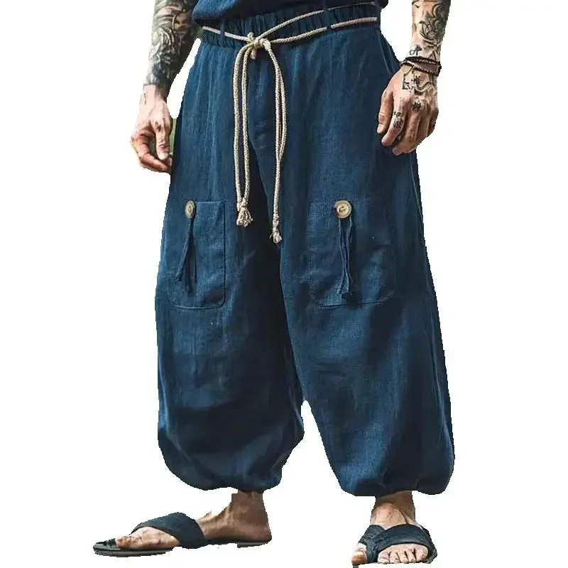 

Retro Men Casual Pure Cotton Lantern Pants Solid Color Elastic Waist Trendy Loose Pocket Pants Trousers Men Ethnic Streetwear