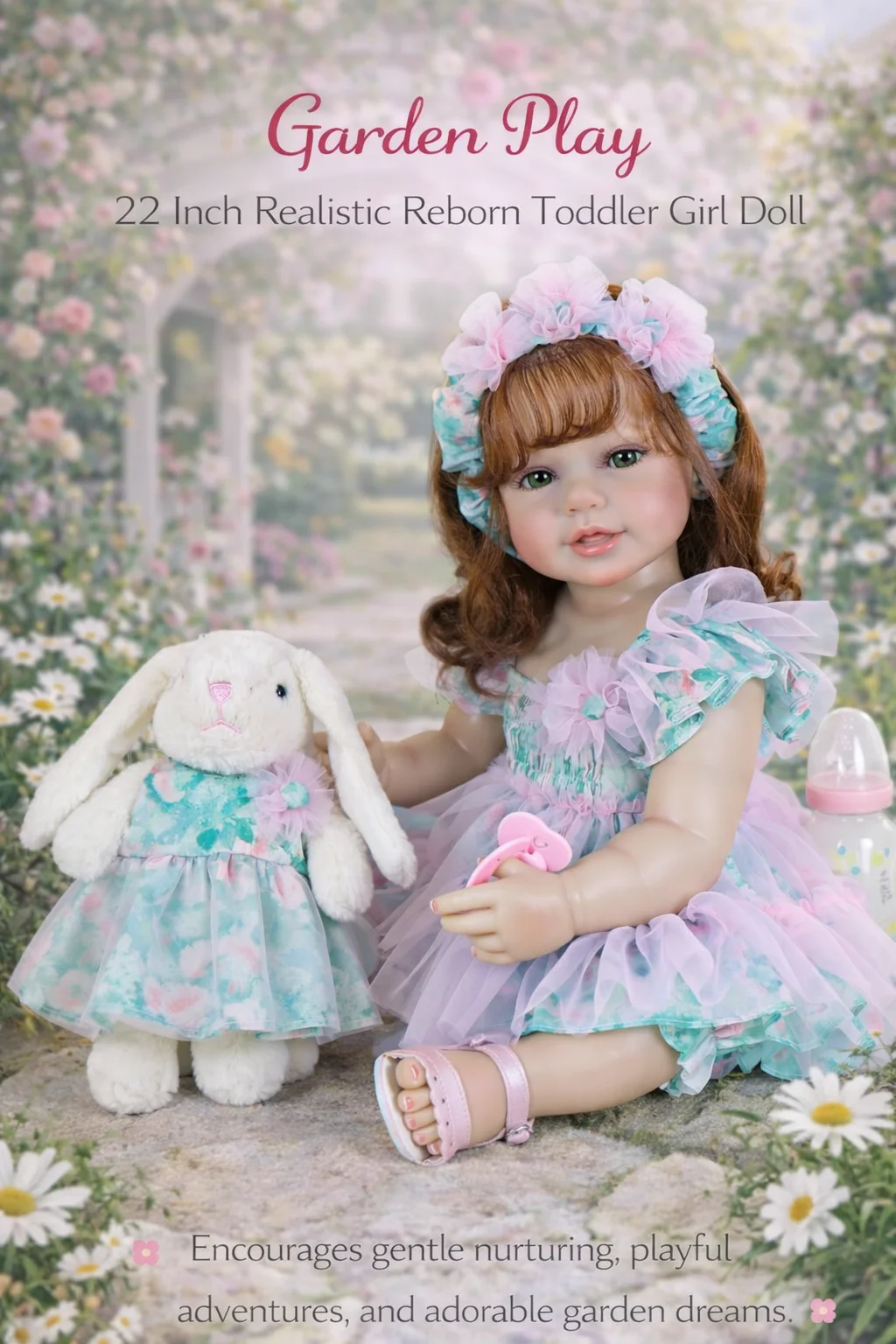 

Reborn Toddler Girl Doll -22 inch Garden Play Baby with 3D Painted Skin on full vinyl with Rooted hair Christmas Gift