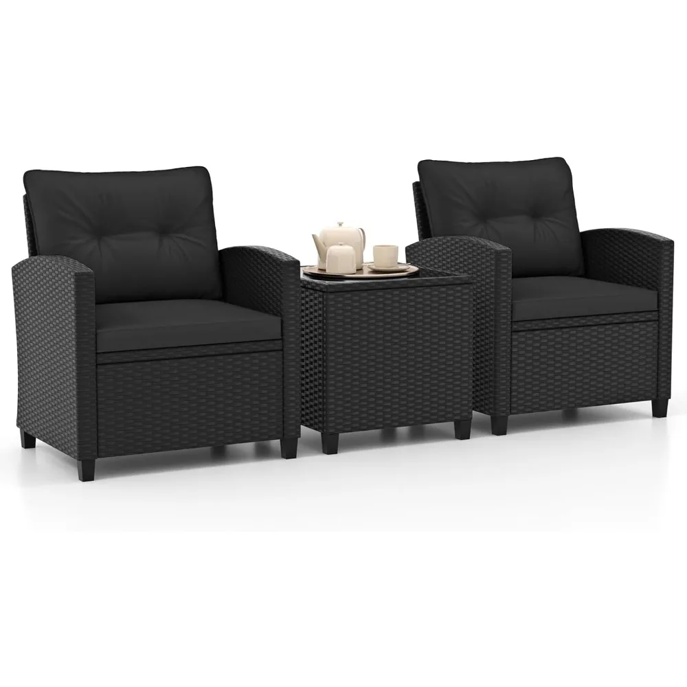 

3 Pieces Wicker Patio Conversation Set, PE Rattan Bistro Sofa Set with Tempered Glass Coffee Table, Washable Cushions
