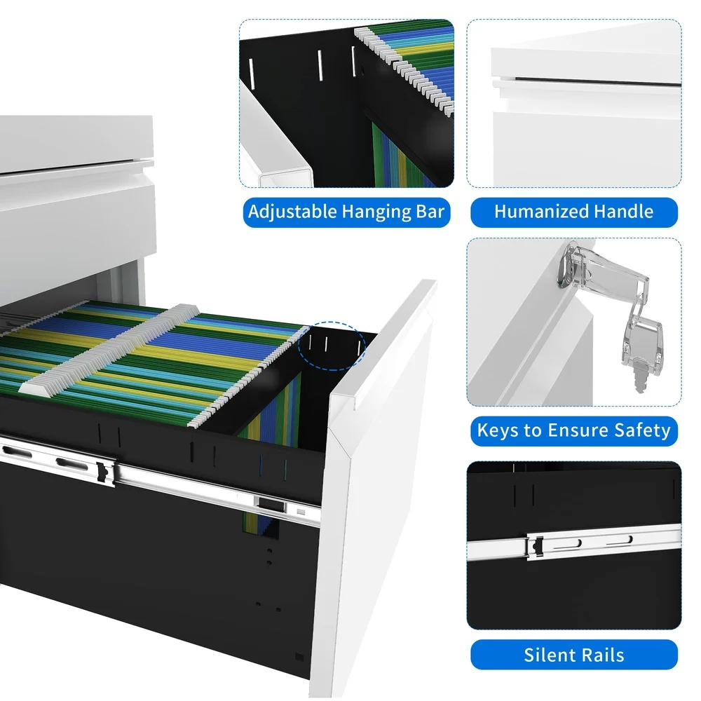 Lockable 3-Drawer Rolling File Cabinet on Wheels Portable Steel Storage A4 Letter Legal Documents Office Use