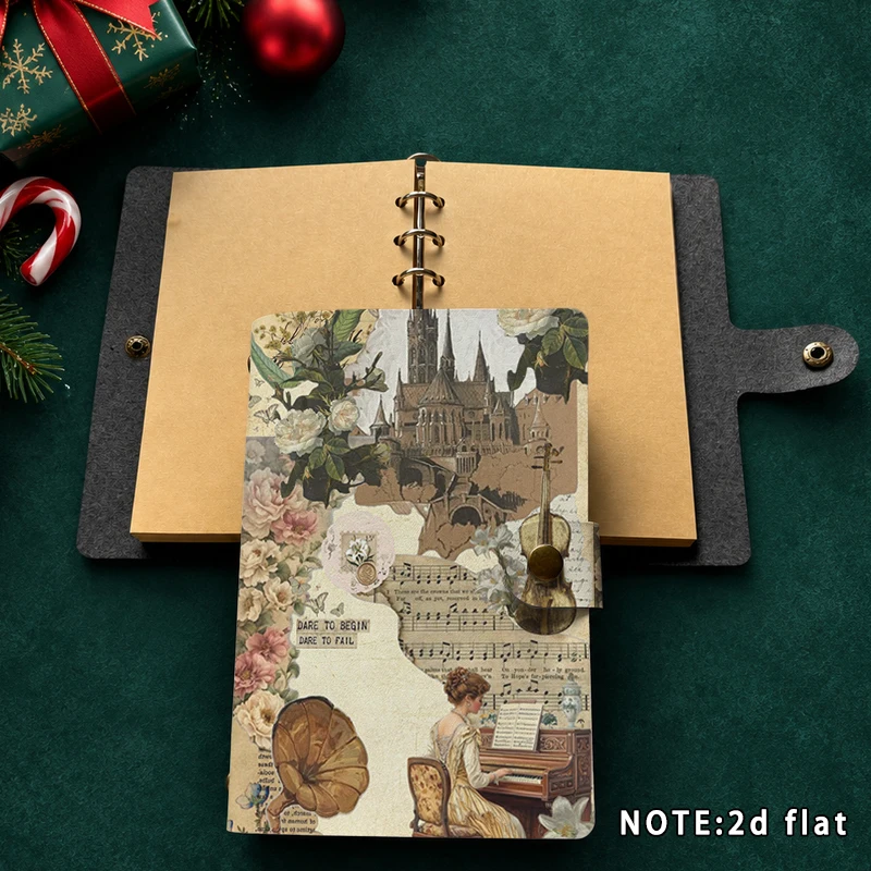 Vintage Music Collage Notebook PU Snap Button Journal A6 Retro Piano Gramophone Floral Castle Diary Planner Stationery Gift