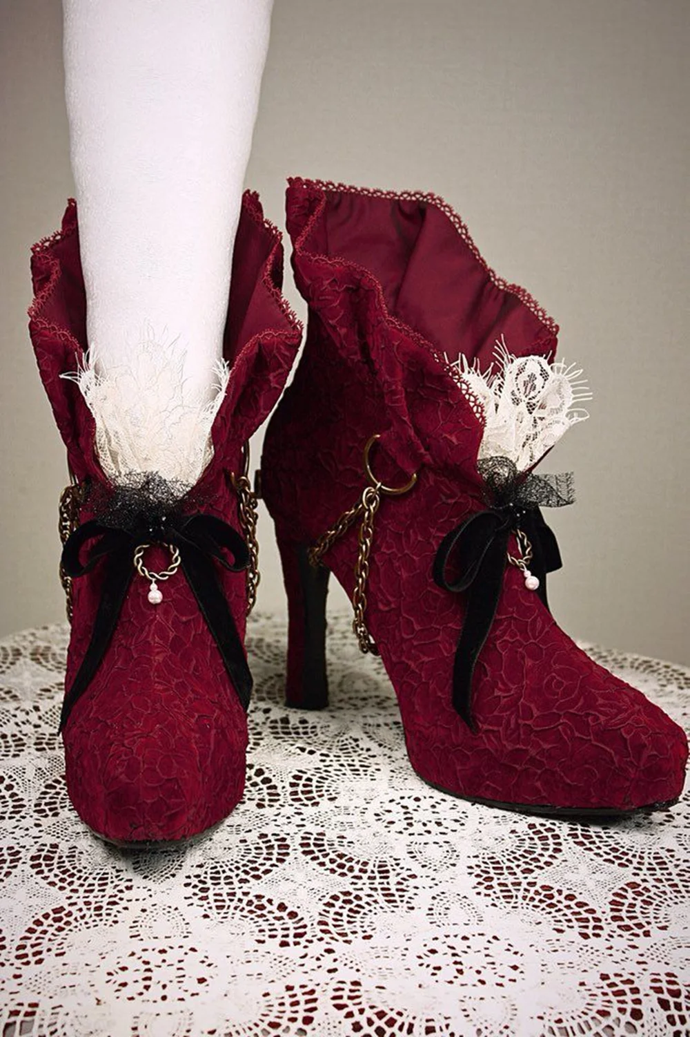 

Retro Burgundy Lace Ruffled Cuff Ankle Boots Elegant Gothic Design Stiletto Heel Black Bow & Chain Pearl Accents Lolita Style