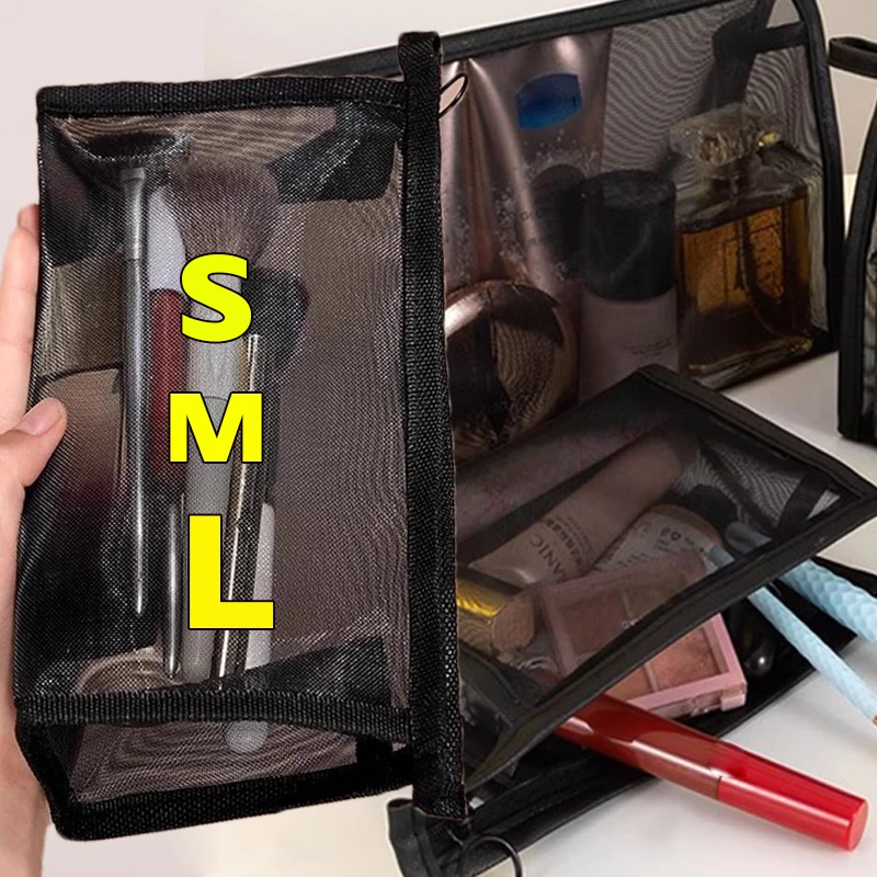 

Women Black Mesh Cosmetic Bag Travel Storage Makeup Bag Organizer Female Make Up Pouch Portable Small Large Toiletry Beauty Case
