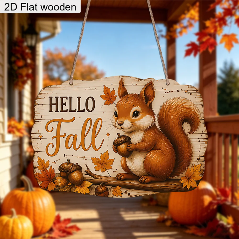 2D Print Hello Fall Squirrel Wooden Hanging Sign Maple Acorn Wood Plaque Farmhouse Autumn Front Door Wall Thanksgiving Decor