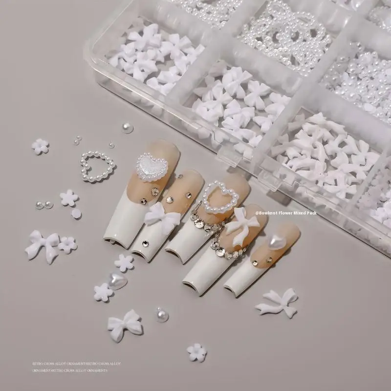 12 rejillas de resina con lazo, flores, diamantes 3D para uñas, Kit de gemas para uñas de fondo plano, dijes para decoración de uñas, accesorios de manicura DIY, gemas para uñas