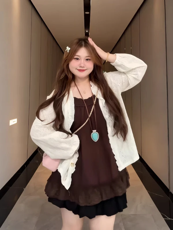 

Женский новый солнцезащитный кардиган больших размеров, осенний сезон, универсальный ретро-кардиган Pure Desire Wind Wood ain Strap...