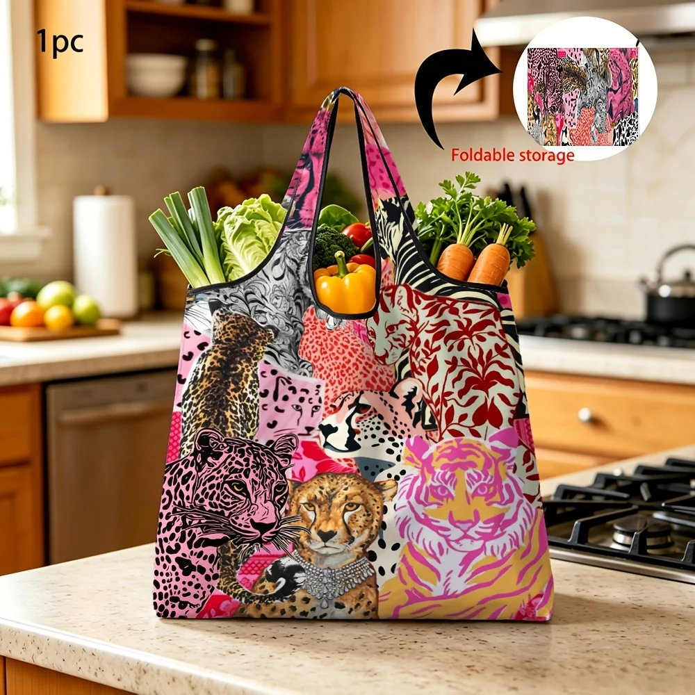 1pc Reusable Grocery Bag with Stylish Mixed Tiger Leopard Animal Print Foldable Portable Large Daily Shopping Tote Bag